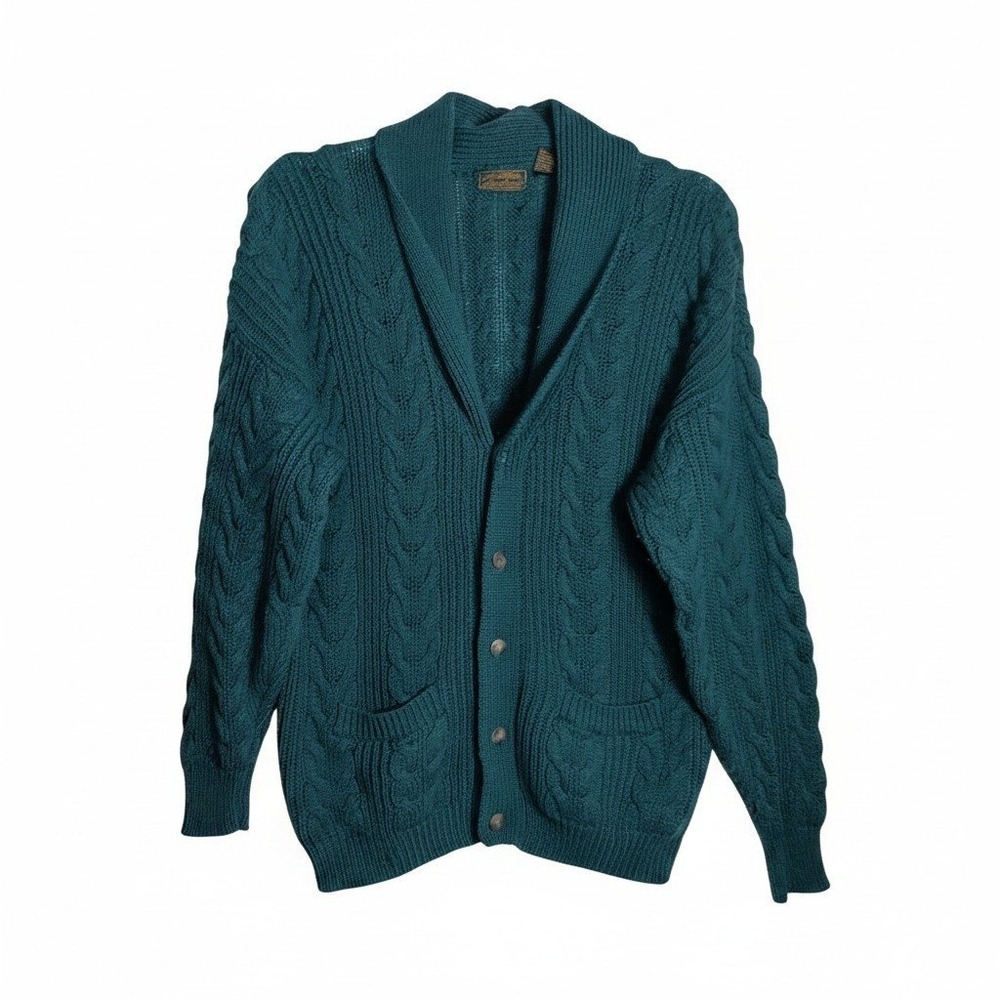 Eddie Bauer Vintage Teal Cable Knit Shawl Collar Cardigan Wool Blend XL Mens